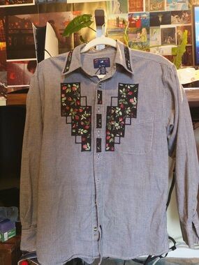 Port Authority Light Blue Button-Up Shirt with Black Floral Panels